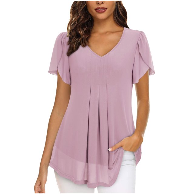 Birdeem T-Shirt à Manches Courtes en Chiffon Uni Décontracté Col en V pour Femmes
