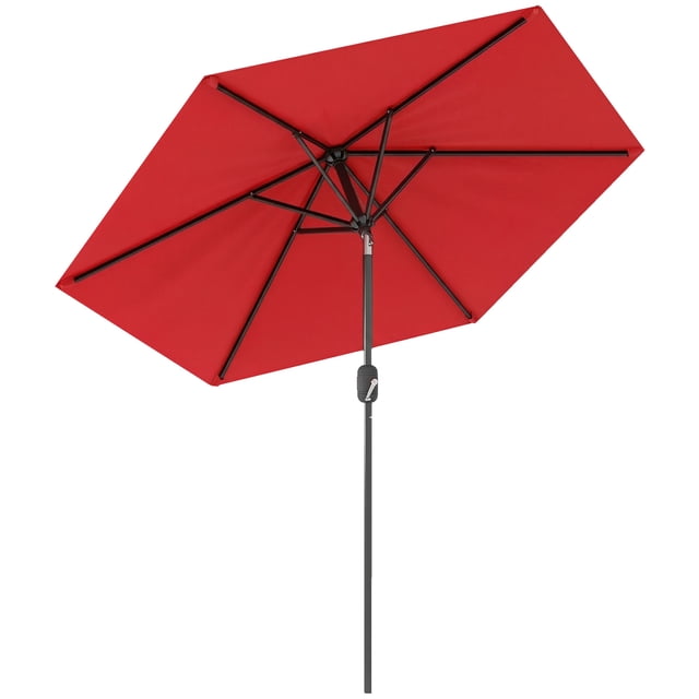 Outsunny Parasol de Patio, Parasol d'Extérieur avec 6 Baleines, Auvent Ventilé en polyester Rouge Vin-Rouge avec six Baleines et Mât en Acier de 1,5 Pouces, Ouverture à Manivelle et angle Ajustable à Bouton-Poussoir, Diamètre de 90,6 Pouces (2,30 m). Convient pour Ombrer les Petites tables de Salle à Manger d'Extérieur Ou les Kiosques de Vendeurs.