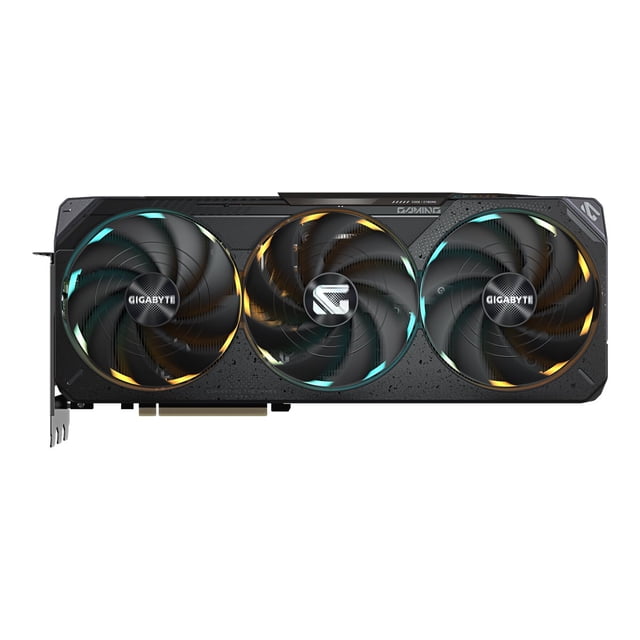 Gigabyte VCX GV-N5080GAMING OC-16GD GeForce RTX 5080 GAMING OC 16G GDDR7 256B Centré, Vue Orientée vers l'Avant d'Une Carte Graphique PCIe Gigabyte Montrant un Boîtier de Ventilateur, une Plaque Arrière en Métal, un Support PCIe et des Ailettes de Dissipateur Thermique Exposées sur un Arrière-Plan de studio Neutre; GDDR7 Mémoire 16 Go et bus 256 Bits Notés dans le