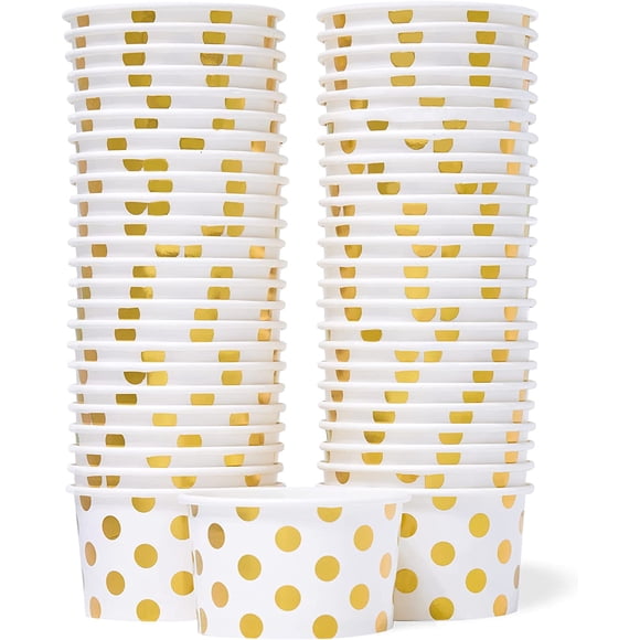 Paper Ice Cream Cups - 50-Count 5.5-Oz Disposable Dessert Bowls for Hot or Cold Food, 5.5-Ounce Party Supplies Treat Cups for Sundae, Frozen Yogurt, Soup, Gold Foil Polka Dots
