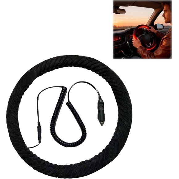 Heated Steering Wheel Cover, Quick Heating Suede Plush Cover with Automatic Temperature Control, Universal Fit for Cars, Trucks, Winter Hand Warming Automotive Protector (Black)