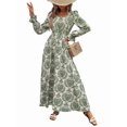 thumbnail image 1 of Robe Maxi Évasée à Imprimé Floral pour Femme, Col en V, Manches Longues, Décontractée, Portefeuille, Automne, Plage, Évasée, Vert, G, 1 of 9