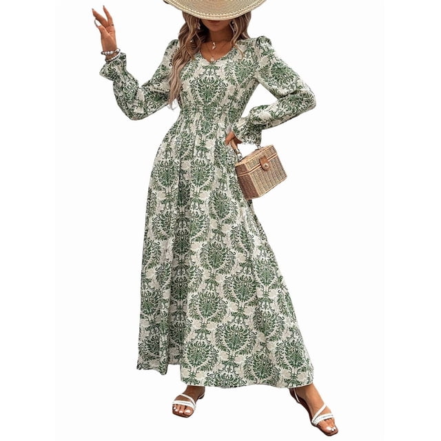 Robe Maxi Évasée à Imprimé Floral pour Femme, Col en V, Manches Longues, Décontractée, Portefeuille, Automne, Plage, Évasée, Vert, G