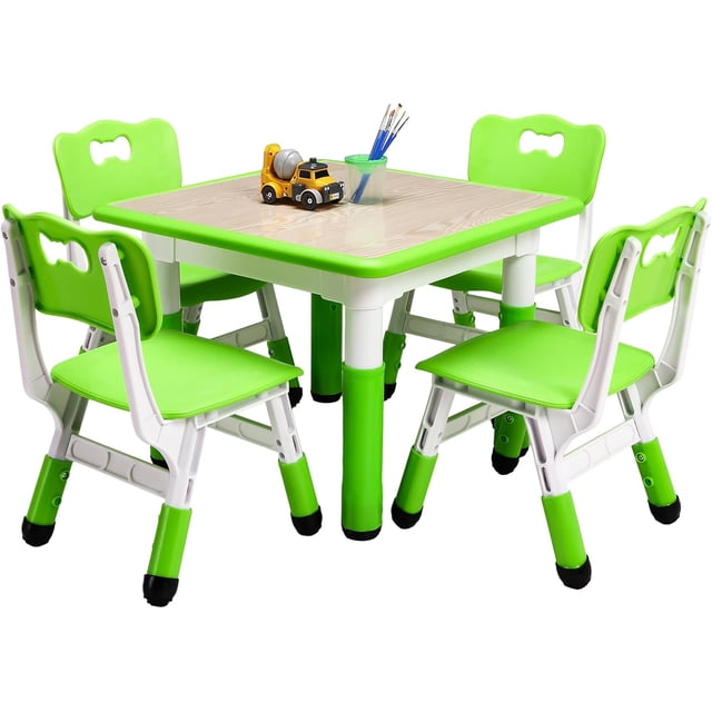 Bingirl Kids Table and Chairs Set Height Adjustable Desk with 4 Seats Arts & Crafts Table Graffiti Desktop Non-Slip Legs Max 300lbs Children Multi-Activity Table