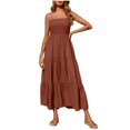 thumbnail image 1 of Robes d'Été pour Femmes Bohèmes à Bretelles Spaghetti, Smockées, à Étages, Longues, de Plage, Soleil, Sans Manches, Unies, Robe Maxi, 1 of 9