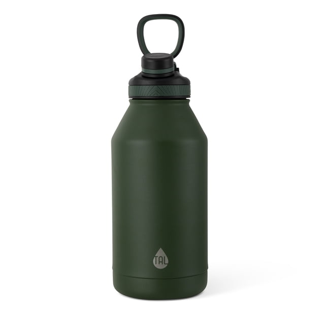 TAL Stainless Steel Ranger Water Bottle 64 fl oz in green with matte finish, double wall insulated to keep beverages hot or cold, featuring a wide mouth, black screw-on cap with green textured grip, large loop handle, BPA free and eco-friendly.