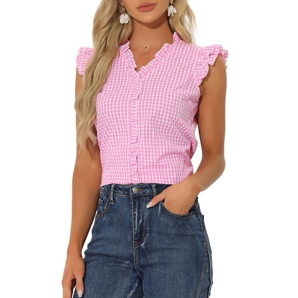 INSPIRE CHIC Women's Gingham Top Ruffle Shirt V Neck Cap Sleeve Plaid Blouse L Pink