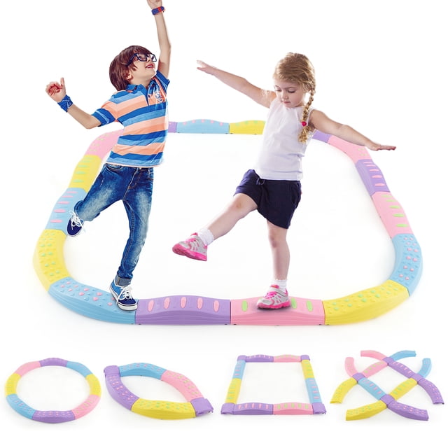 Gymax Poutres d'Équilibre pour Enfants avec surface Texturée Antidérapante et Coussinets Inférieurs Multicolores. l'Ensemble Comprend 20 Pcs : 4 Planches d'Angle, 8 Planches Droites et 8 Planches Courbées, Permettant Diverses configurations. Conçu pour les Enfants de 3 Ans et Plus, Il Supporte jusqu'à 180 Lb et Accueille jusqu'à 4 Enfants Simultanément. les Poutres Offrent des Motifs de massage pour la stimulation Sensorielle et Sont Légères pour une Installation et un Rangement Faciles. Présenté dans un