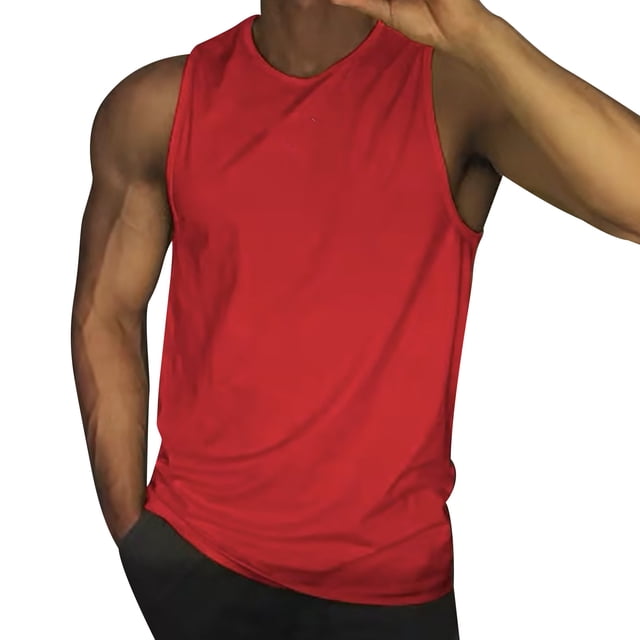 Huesdet Men's Tank Tops Quick Dry Sleeveless Workout Muscle Shirt Athletic Bodybuilding Gym Performance Tee Shirts(Red,M)