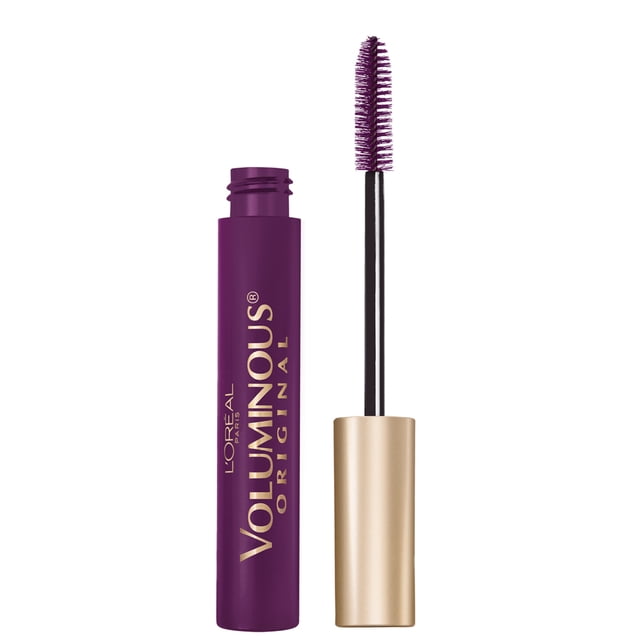 L'Oréal Paris Voluminous Original Mascara in a deep purple tube with gold cap, featuring a volume maximizing brush that thickens lashes evenly, resists clumping and smudging, and is suitable for sensitive eyes and contact lens wearers.
