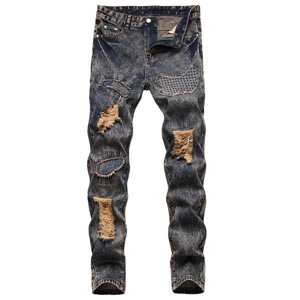 EGNMCR Jeans for Men, Men's Elastic Waist Loose Fit Denim Pants, Mens Pull On Jeans Men's High-end Stretch Nostalgic Hole Frayed Slim-fit Jeans Men Pants