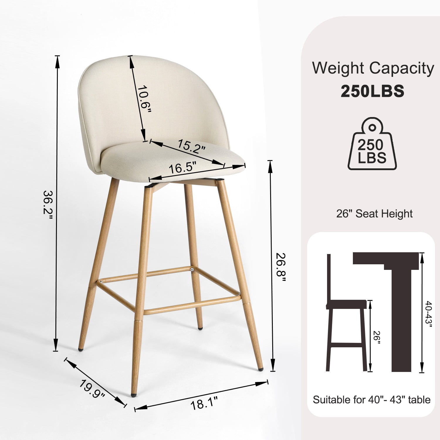 Ensemble de 2 tabourets de bar modernes Homy Casa avec revêtement en tissu et pieds en bois - Hauteur du siège : 66 cm