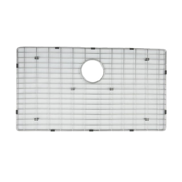 American Imaginations 27-in. W Kitchen Sink Grid AI-34637, a rectangular stainless steel grid with chrome finish and central drain cutout, designed for drop-in installation with black protective bumpers to prevent sink damage, ideal for kitchen sink organization and protection.