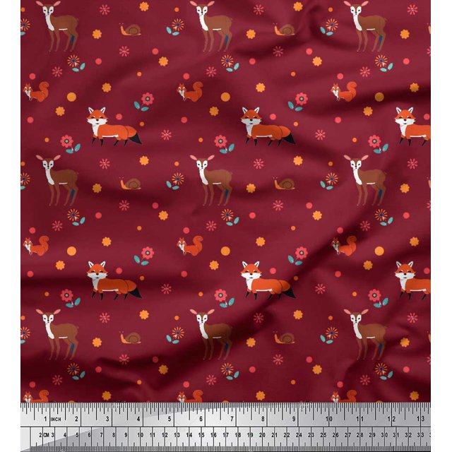 Soimoi Moss Georgette Fabric Floral,Deer & Fox Kids Print Sewing Fabric Yard 42 Inch Wide