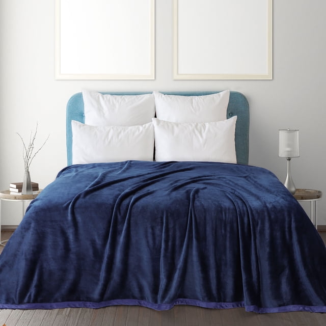 PiccoCasa Flannel Fleece Blanket Soft Warm Wide Hemmed Navy Blue Full