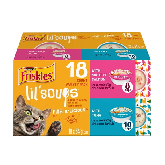 Purina Friskies Lil' Soups Fish-a-Licious Variety pack, Cat Treats, 34g x 18