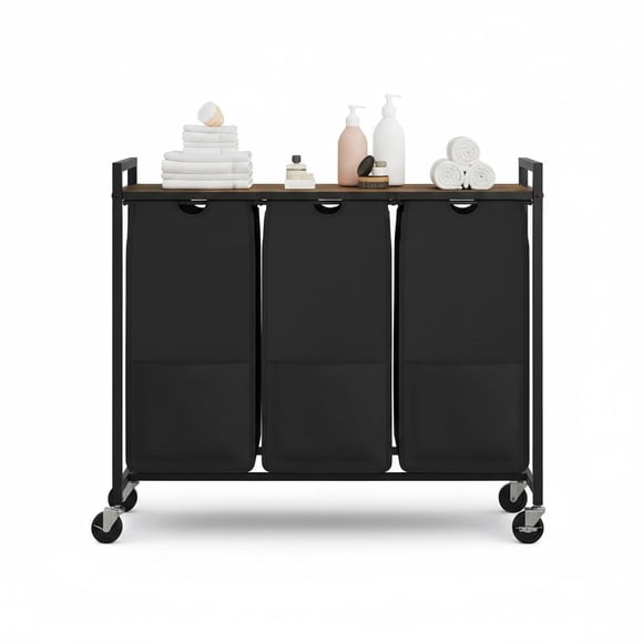 3-Section Rolling Laundry Hamper with Removable Fabric Bags – Heavy Duty Iron Frame & MDF Shelf – Storage Organizer Basket – Rustic Burned Color + Black – With Wheels, 3 Drawers