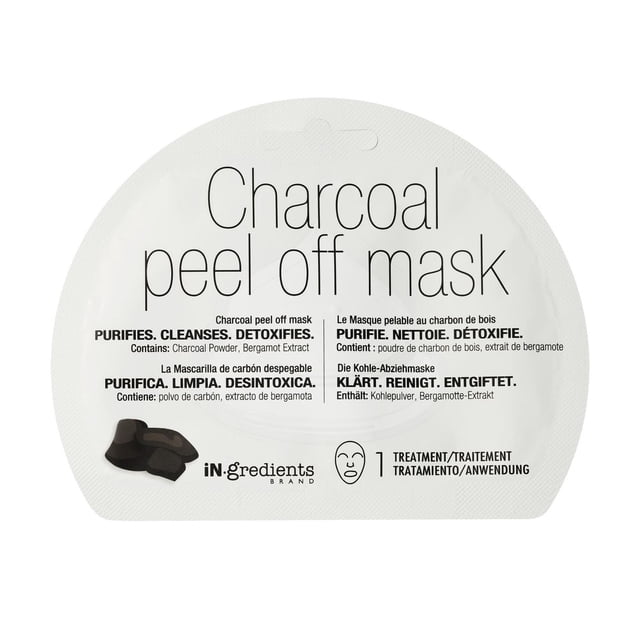 iN.gredients Masque Pelable au Charbon sachet à Usage Unique en Emballage Blanc avec Texte Noir, Contenant de la Poudre de Charbon et de l'Extrait de Bergamote pour Purifier, Nettoyer et Détoxifier la Peau, Convient à un Soin facial en Profondeur.