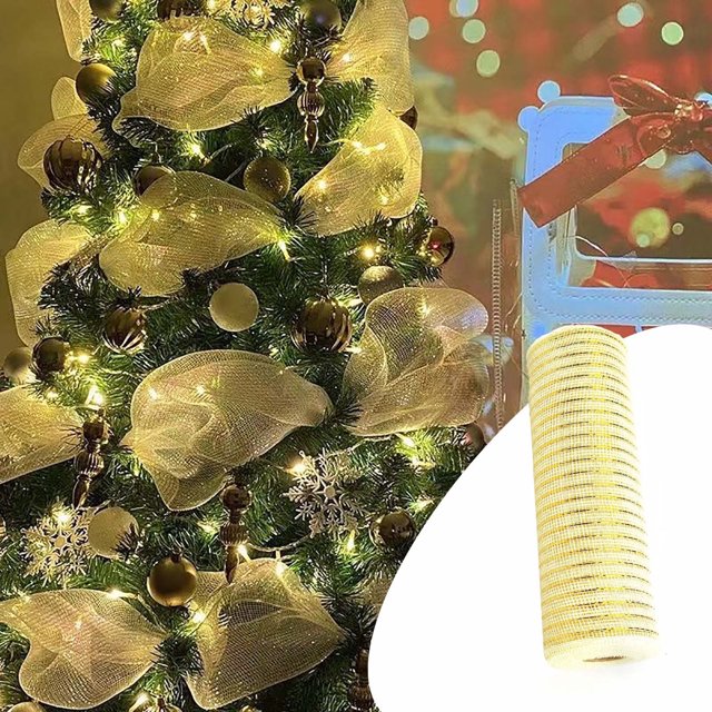 RXIRUCGD 30ft long mesh Christmas ribbon in white and gold, shown decorating a Christmas tree with bows and ornaments. The ribbon is 6 inches wide and made of 95% polyester and 5% spandex, featuring a flexible and durable design. Ideal for DIY projects, wreaths, and holiday decorations.