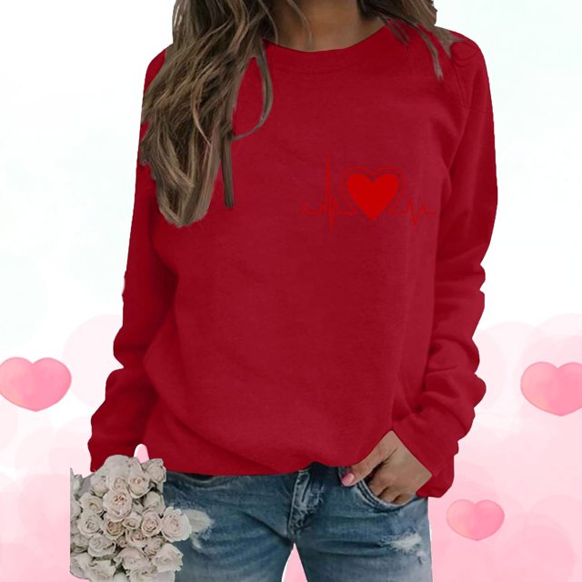 Qertyioot T-Shirt Graphique pour Femmes de la Saint-Valentin à Manches Longues, Haut à Col Rond Imprimé, Chandail Décontracté