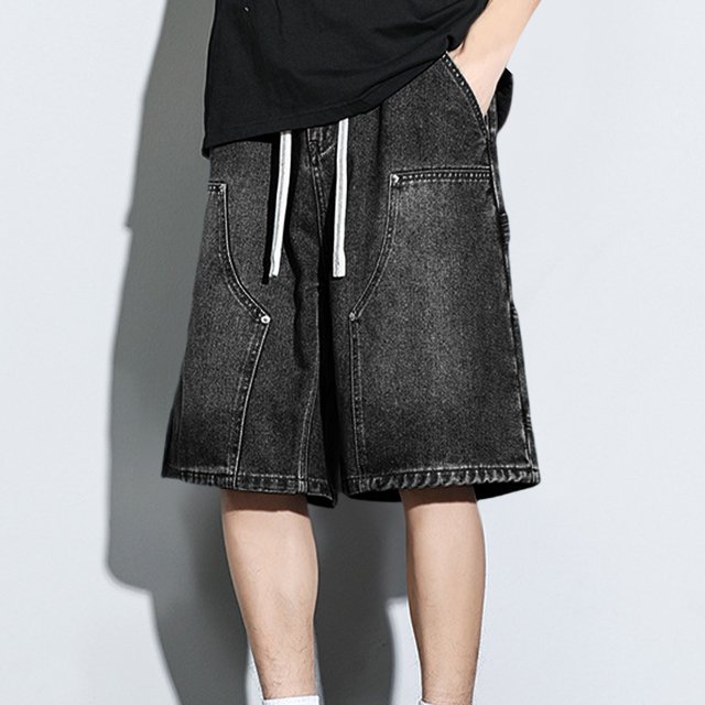 Styesk Mens Shorts Men's Outdoor Pocket Elastic Waist Drawstring Solid Color Denim Wide Leg Shorts
