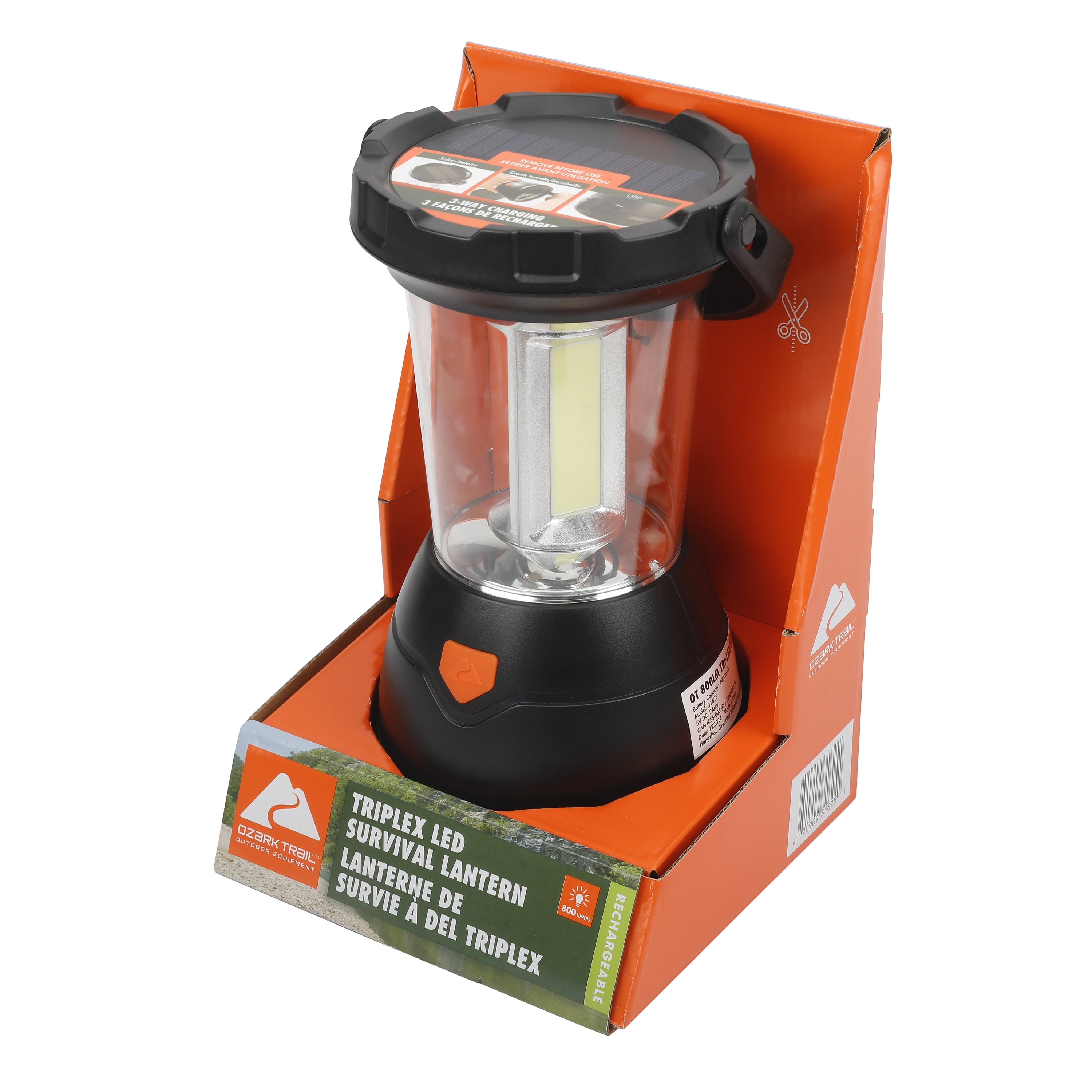 Ozark Trail Triplex DEL Lanterne de survie, 800 lumens, rechargeable, solaire et manivelle
