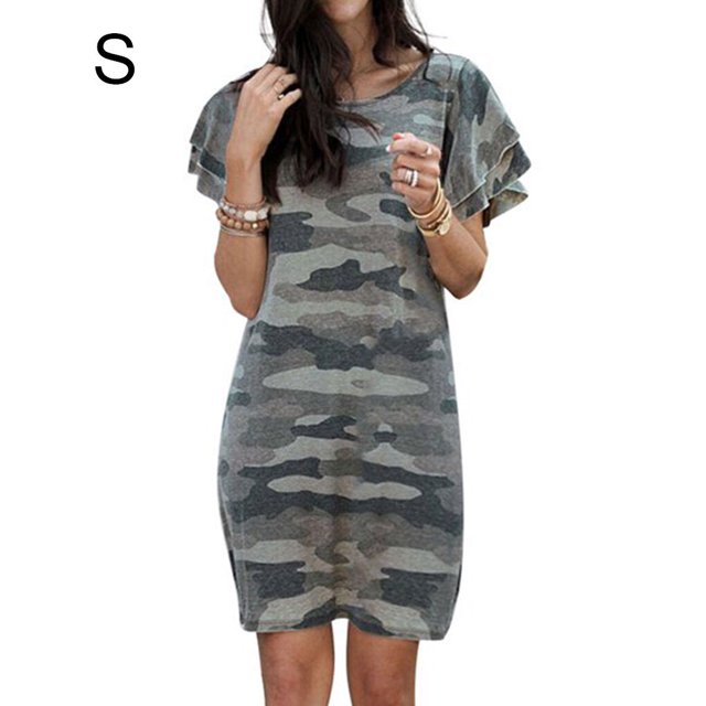 Femmes Robe Camouflage Imprimé Long T-shirt Robe à Manches Courtes Robe Respirante en Vrac Robe, Vert Armée, S