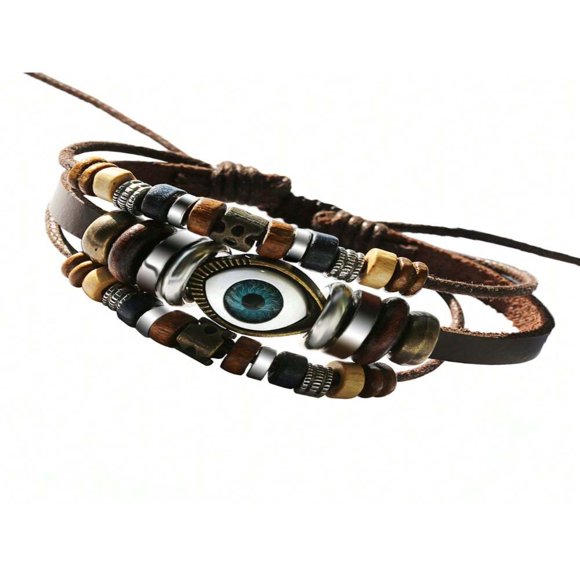 SNNROO 1pc Vintage Hot-Selling Turquoise Evil Eye Leather Bracelet Unisex Cross-Border Trendy Beaded Bracelet For Men And Women