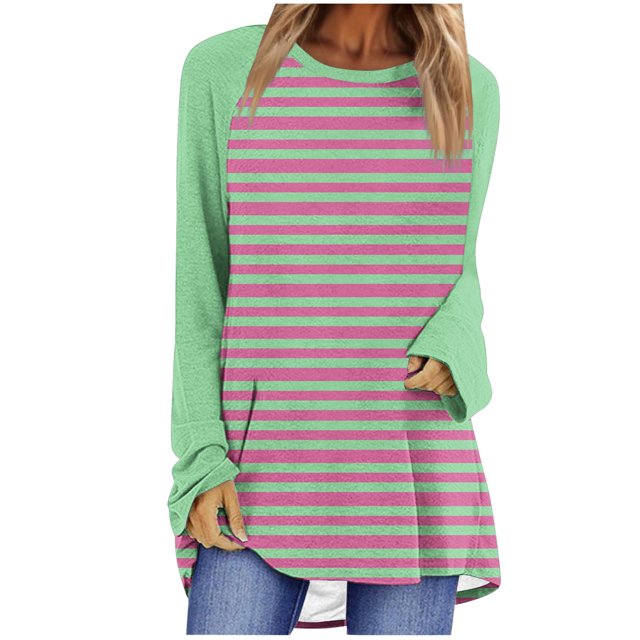 T-shirts pour Femmes Femmes Chandail à Rayures Surdimensionné Manches Raglan Longues Col Rond Chandail à Enfiler Chemises 2024 Automne Chandail à Enfiler Tunique Ample Hauts S-109 Rose Vif-A TTG