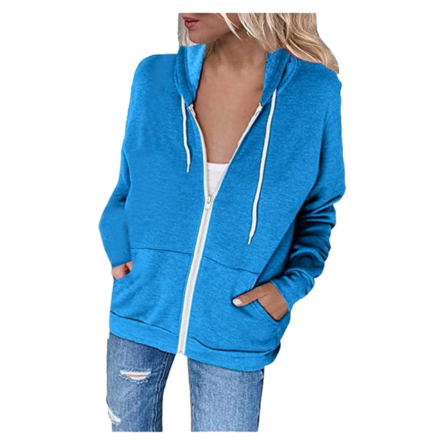 Womens Hoodie Full Zip Long Sleeve Lightweight Sweatshirts Pockets Jacket Coat