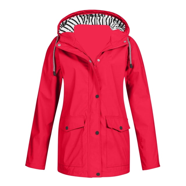YUTK Manteau de Pluie pour Femmes Imperméable avec Capuchon, Manteau de Pluie Uni pour Femmes Manteau de Pluie d'Extérieur à Capuchon Coupe-Vent Haut (Rouge, P)