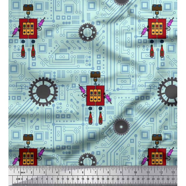 Soimoi Green Velvet Fabric Cartoon Machine & Gear Parts Hardware Print Fabric by Yard 58 Inch Wide