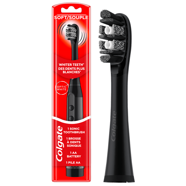Colgate Optic White Adult Sonic Battery Powered Electric Toothbrush replacement head in black with soft bristles and built-in rubber polisher, shown next to its red retail packaging highlighting one sonic toothbrush head and one AA battery for whitening teeth by removing surface stains.