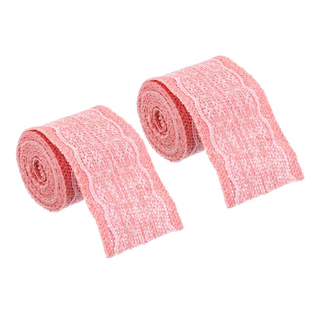 Unique Bargains 2.4' Wide 2.2 Yards Burlap Ribbon White Lace Roll Wrapping Fabric Crafts Roll Pink 2 Pack