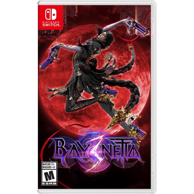 Bayonetta 3 pour Nintendo Switch, avec une Couverture Dynamique de la Sorcière Emblématique en pose d'Action sur Fond de Lune Rouge Vive. le Jeu Est Classé m pour 17+ et Est Développé par Nintendo.