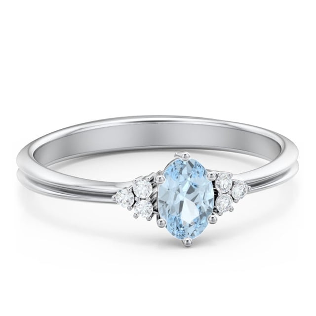 Birthstone Oval Ring with Shoulder Accents - Aquamarine (March)