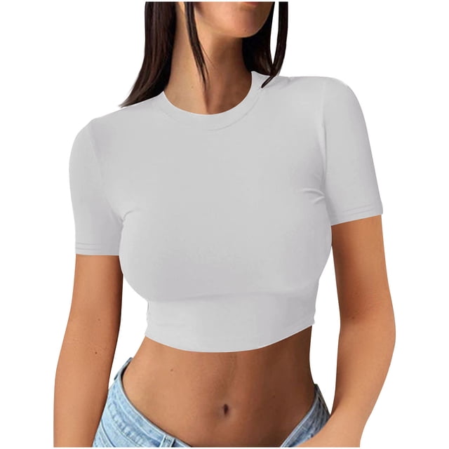 AherBiu Hauts Courts pour Femmes Haut de Sortie T-Shirts Chemises Manches Courtes Col Rond Ajusté Confortable T-Shirt Basique