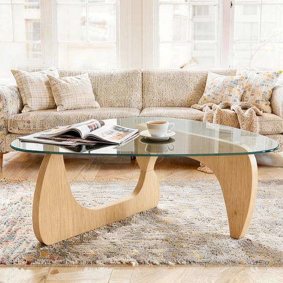 ClinQ Table Basse de 43,3 Pouces pour Salon, Table Centrale Milieu du Siècle Moderne avec Dessus en Verre Clair et Base en Bois de Cerisier, Transparent/cerisier