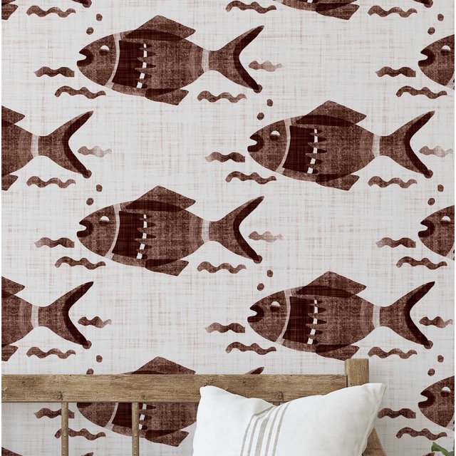 S4Sassy Self-Stick Decorative Boho Wallpaper, Fish Motif Wall Paper, Textured Vinyl Waterproof Contact Paper, Brown, 25"X240" Removable Renter Friendly Wall Covering For Bedroom, Dining Room