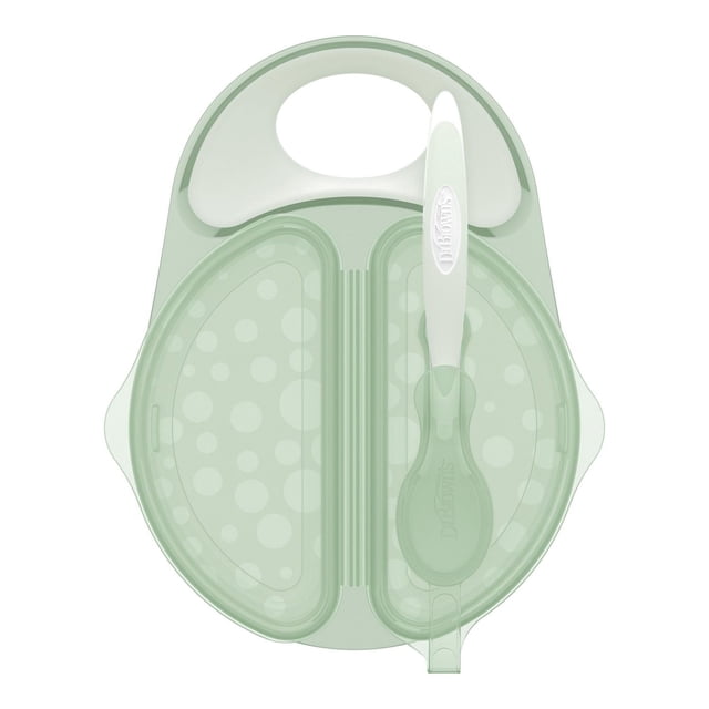 Dr. Brown's Ensemble de Bol de Voyage Frais Divisé et Cuillère à Embout Souple avec Couvercle de Voyage Vert, Comprenant un Bol Rond avec Deux Compartiments Séparés et une Cuillère à Embout Souple à Encliqueter avec Poignée à Prise Confortable, Conçu pour une Alimentation de Bébé Sans Dégâts en Déplacement avec Couvercle à Scellement Sécurisé.