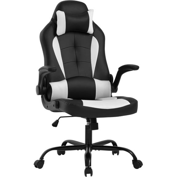 BestOffice Chaise de Jeu Ergonomique à Dossier Haut pour PC, Chaise de Bureau avec Soutien Lombaire, Appuie-Tête et Accoudoirs Relevables, Cuir PU, Blanc
