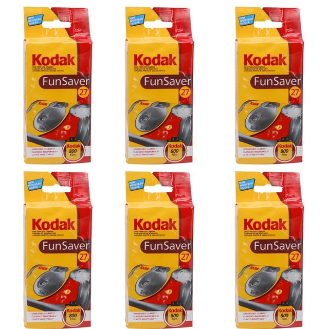 Kodak Fun Saver Single Use Camera (6-Pack) Bundle with six disposable cameras, each preloaded with Kodak 800 speed, 27 exposure film for vibrant colors. The packaging highlights the manual flash feature with a 4 to 11.5-feet range and improved picture quality compared to 400-speed film cameras.