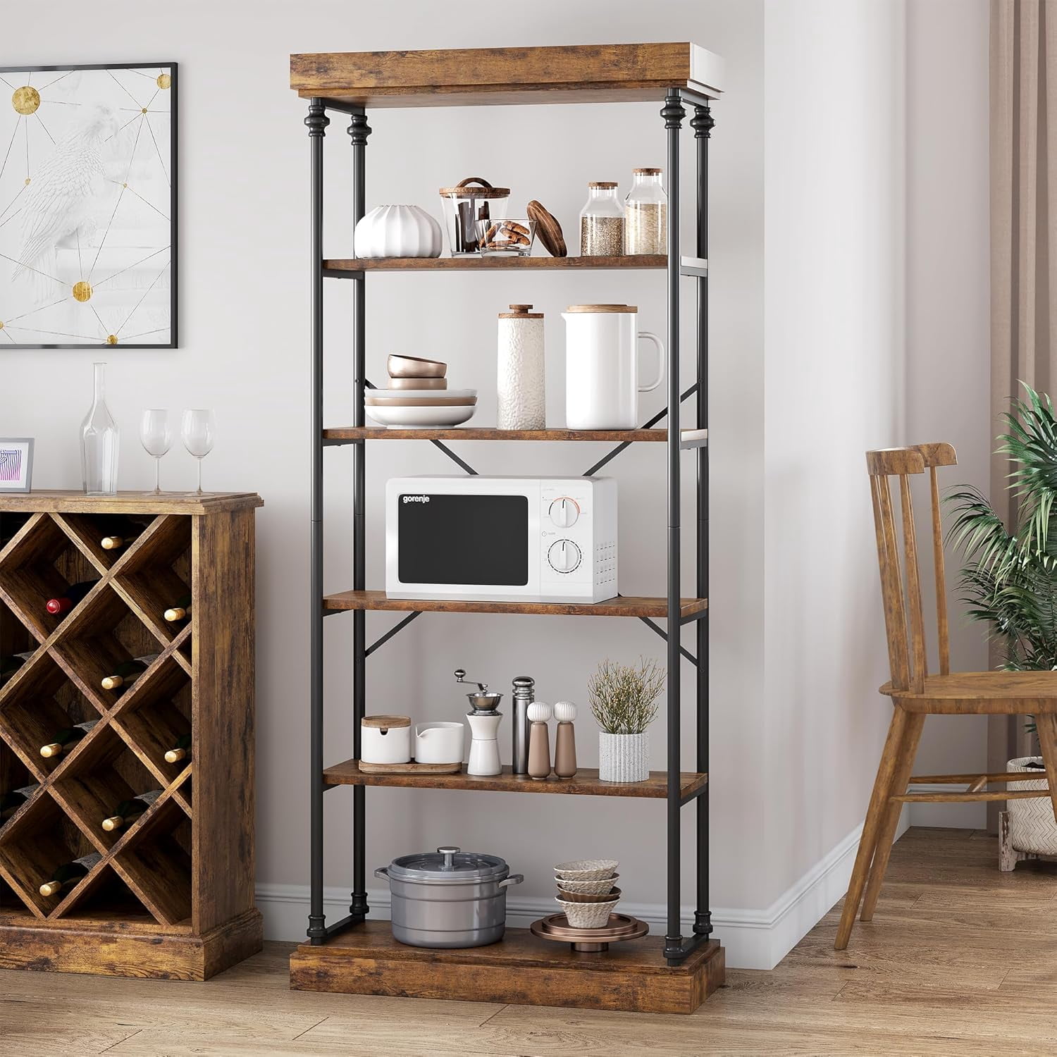 Ourlova 6 Tier Book Rack Storage Bookshelf Industrial Bookcase Shelf Storage Organizer for Home/Office/Living Room/Kitchen 74 Inch Metal Frame and Wooden Shelves Unit - Brown