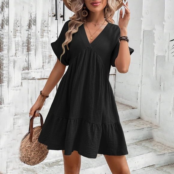 Roncen Women's Summer Dresses 2026 Beach Casual Deep V Neck Loose Sundress Short Sleeve Mini Dress with Pockets