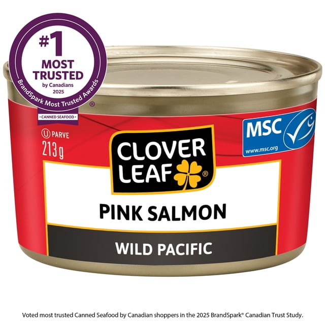 Clover Leaf Pink Salmon canned seafood in a 213g metal can with red and white label featuring the Clover Leaf logo and MSC certification, labeled Wild Pacific, recognized as the most trusted canned seafood brand by Canadians in 2025, ideal for salads, sandwiches, and spreads.