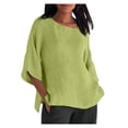 thumbnail image 3 of Chemises à Manches 3/4 pour Femmes, Mode Femmes Nouveau Style Chemises en Coton et Lin de Couleur Unie Coupe Ample Blouses à Col Rond Hauts Décontractés d'Été pour Dames, 3 of 6