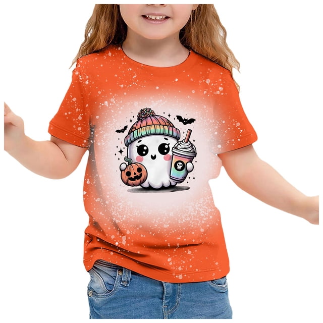 GDREDA Mignon Halloween T-Shirt à Manches Courtes Imprimé pour Filles Haut Décontracté à Col Rond pour les Festivités d'Automne Jaune, 6-7 Ans