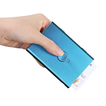 KINGFOM Portable Stainless Steel Business Card Holder for Men & Women, Pocket Business Card Case Home Office Business Card Organizer Thumb-Drive Business Name Card Box Credit ID Gift Card Holder Blue