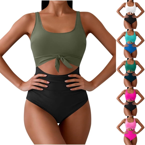 Sentmoon Women's One-Piece Swimsuits Tummy Control Sporty High Cut Swimsuit for Women Solid Color Sleeveless Eyelet Slim Women's Swimsuits Beach Items