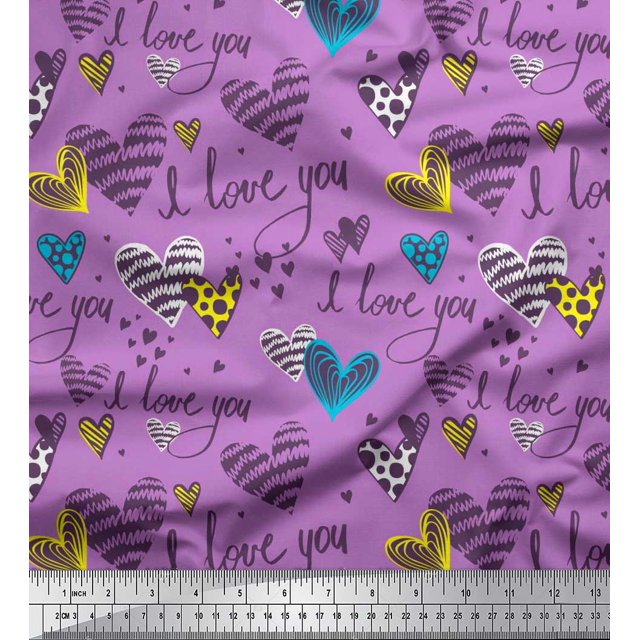 Soimoi Tissu Popeline de Coton Violet Coeur & Je t'Aime Texte Décor Tissu Imprimé Yard 56 Pouces de Large